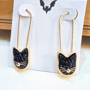 BELLA JACK Halloween Black Cat Threader Safety-Pin Closure Drop Earrings NEW NWT